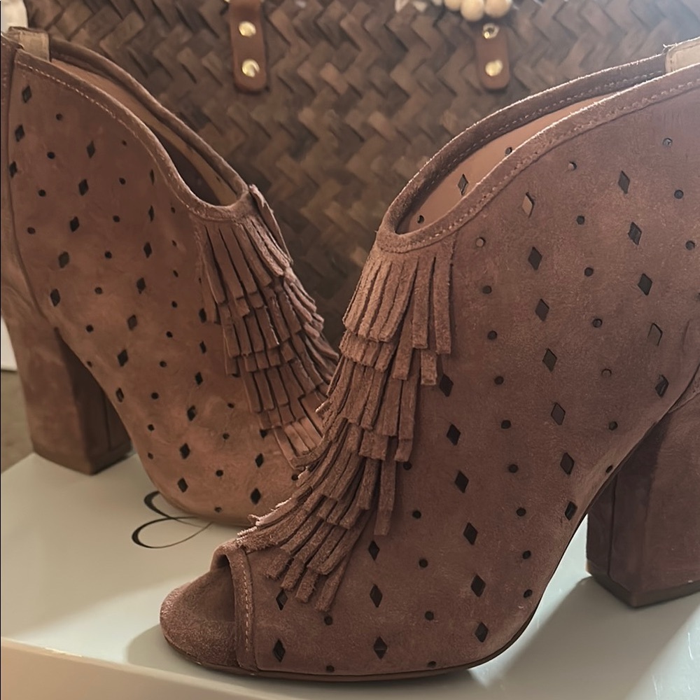 Fringed Peep-Toe Ankle Boots - Brown Suede